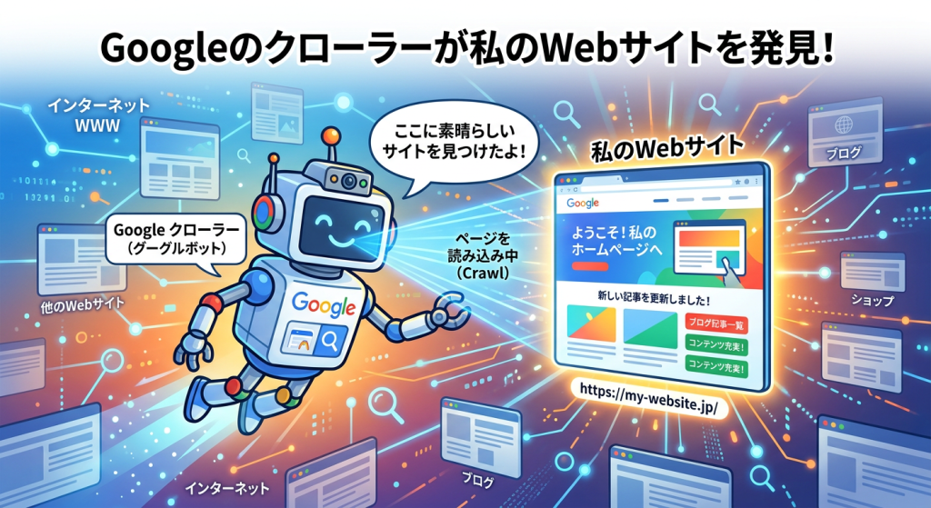 クローラーが世界中のWebサイトを巡回する様子を表現した画像です。