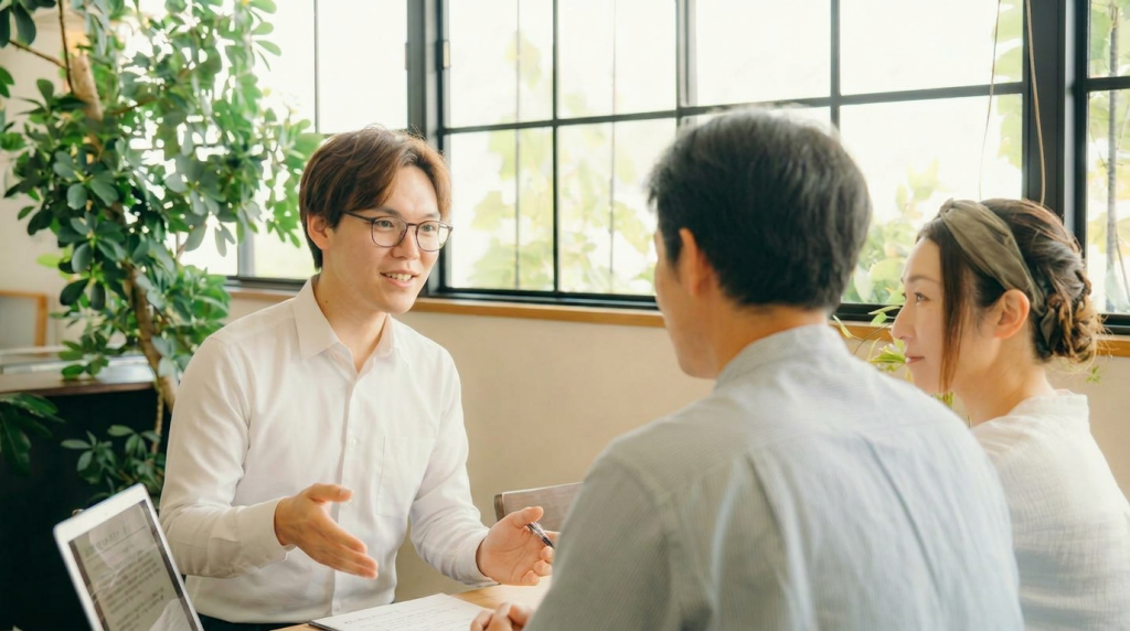 Web制作担当者がお客様と対面で打ち合わせを行い、課題や要望について丁寧にヒアリングしている様子を示した画像。自然光が入る落ち着いた空間で、信頼関係を重視した相談風景が表現されている。
