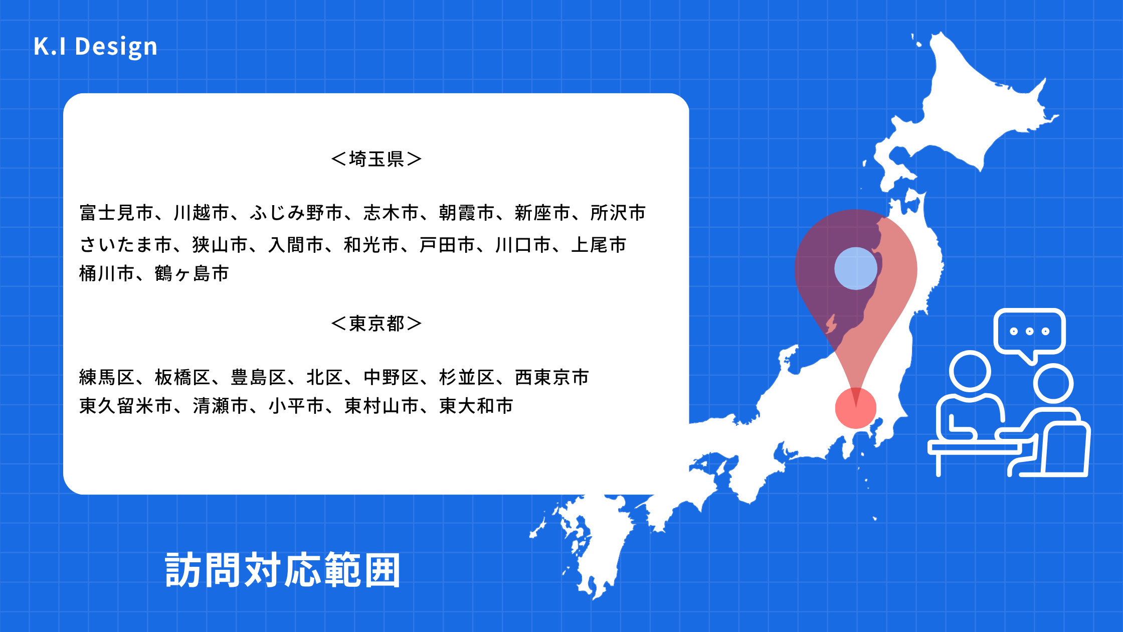 K.I Designの訪問対応範囲を紹介した画像。埼玉県・東京都を中心に、中小企業・個人事業主向けのWeb制作・ホームページ制作に対応していることを示している。日本地図とエリアマップを用いて、川越市・富士見市・さいたま市・所沢市・練馬区・板橋区など、訪問可能な地域一覧を掲載した訪問サポート案内画像。