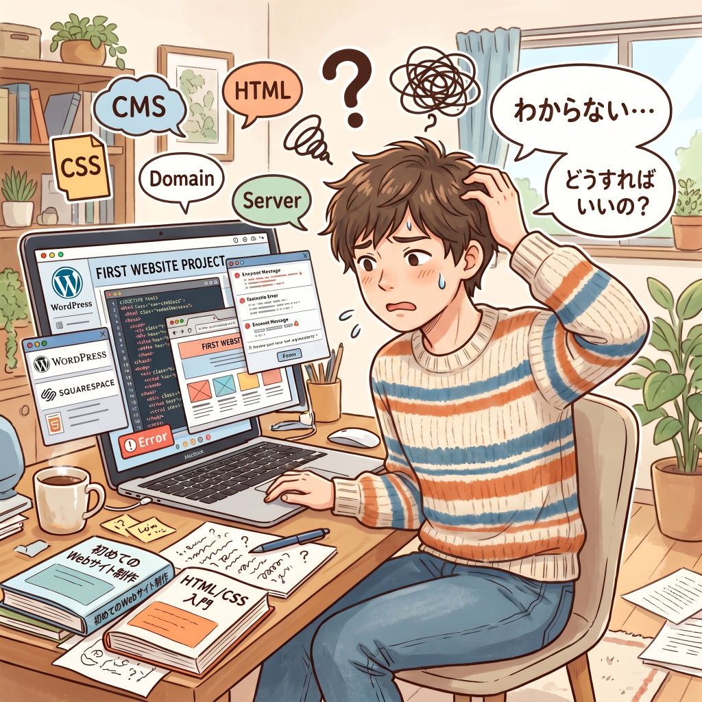 Webサイトを自分で制作しようとしているが行き詰まってる人を表現した画像です。